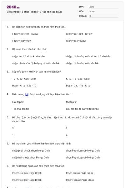Đề kiểm tra 15 phút Tin học 10 Học kì 2 (Đề số 3)