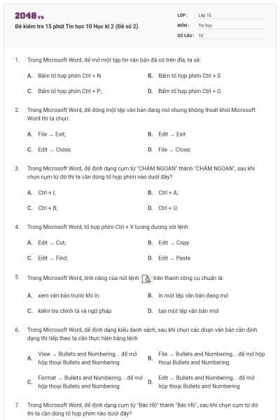 Đề kiểm tra 15 phút Tin học 10 Học kì 2 (Đề số 2)
