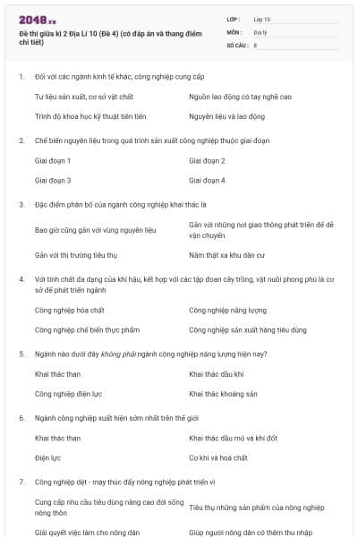 Đề thi giữa kì 2 Địa Lí 10 (Đề 4) (có đáp án và thang điểm chi tiết)