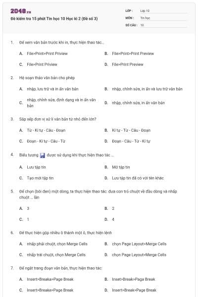 Đề kiểm tra 15 phút Tin học 10 Học kì 2 (Đề số 3)