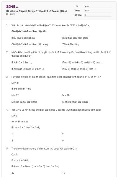 Đề kiểm tra 15 phút Tin học 11 Học kì 1 có đáp án (Bài số 2 - Đề 4)