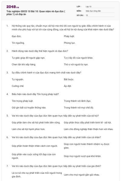 Trắc nghiệm GDCD 10 Bài 10: Quan niệm về đạo đức ( phần 1) có đáp án