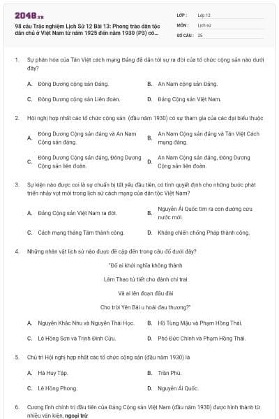 98 câu Trắc nghiệm Lịch Sử 12 Bài 13: Phong trào dân tộc dân chủ ở Việt Nam từ năm 1925 đến năm 1930 (P3) có đáp án