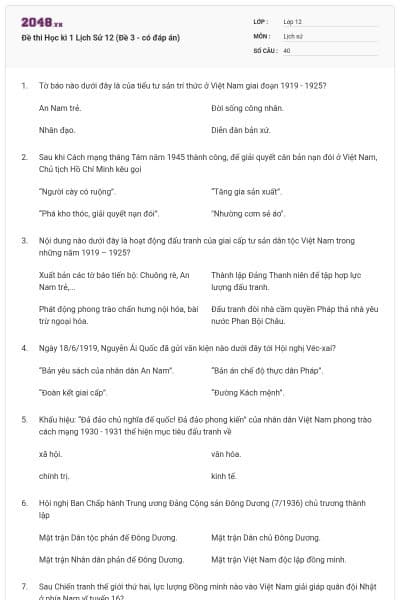 Đề thi Học kì 1 Lịch Sử 12 (Đề 3 - có đáp án)