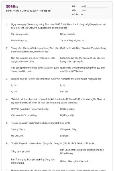Đề thi Học kì 1 Lịch Sử 12 (Đề 4 - có đáp án)