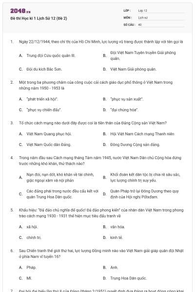 Đề thi Học kì 1 Lịch Sử 12 (Đề 2)