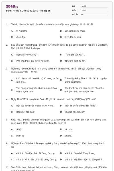 Đề thi Học kì 1 Lịch Sử 12 (Đề 3 - có đáp án)