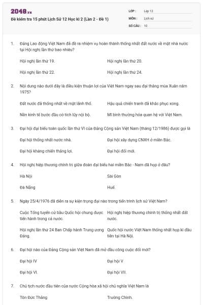 Đề kiểm tra 15 phút Lịch Sử 12 Học kì 2 (Lần 2 - Đề 1)