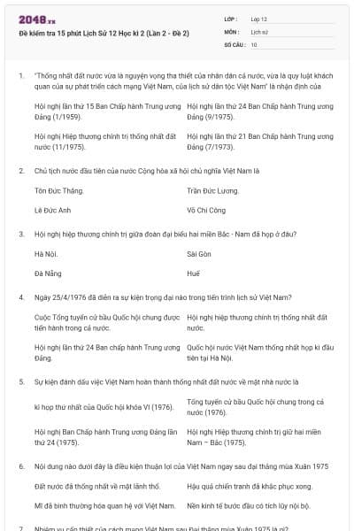 Đề kiểm tra 15 phút Lịch Sử 12 Học kì 2 (Lần 2 - Đề 2)