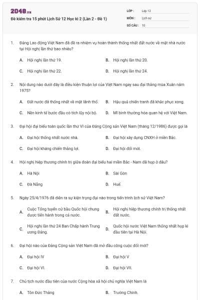 Đề kiểm tra 15 phút Lịch Sử 12 Học kì 2 (Lần 2 - Đề 1)