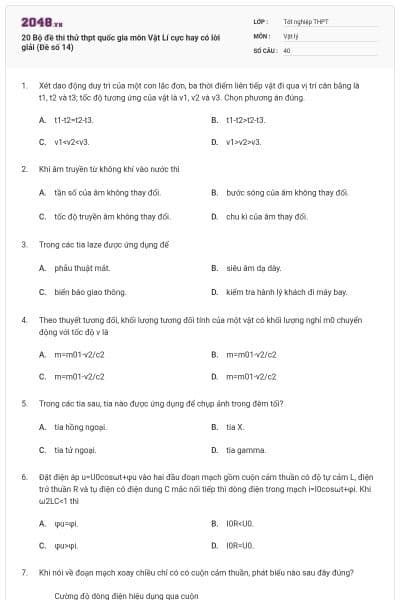 20 Bộ đề thi thử thpt quốc gia môn Vật Lí cực hay có lời giải (Đề số 14)