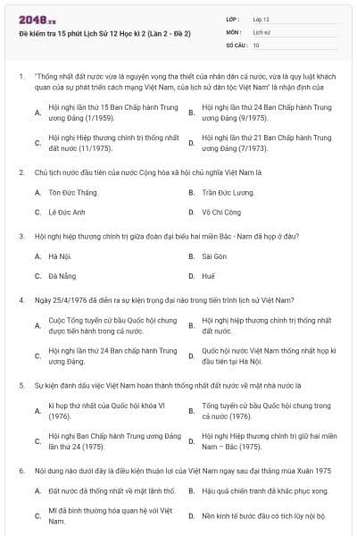 Đề kiểm tra 15 phút Lịch Sử 12 Học kì 2 (Lần 2 - Đề 2)