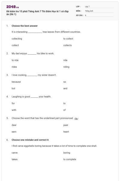 Đề kiểm tra 15 phút Tiếng Anh 7 Thí điểm Học kì 1 có đáp án (Đề 1)