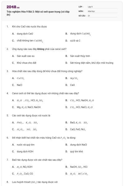 Trắc nghiệm Hóa 9 Bài 2: Một số oxit quan trọng (có đáp án)