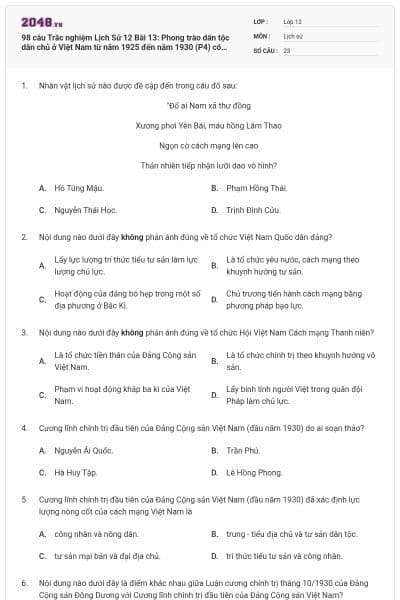 98 câu Trắc nghiệm Lịch Sử 12 Bài 13: Phong trào dân tộc dân chủ ở Việt Nam từ năm 1925 đến năm 1930 (P4) có đáp án