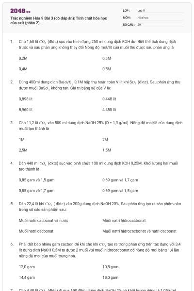 Trắc nghiệm Hóa 9 Bài 3 (có đáp án): Tính chất hóa học của axit (phần 2)