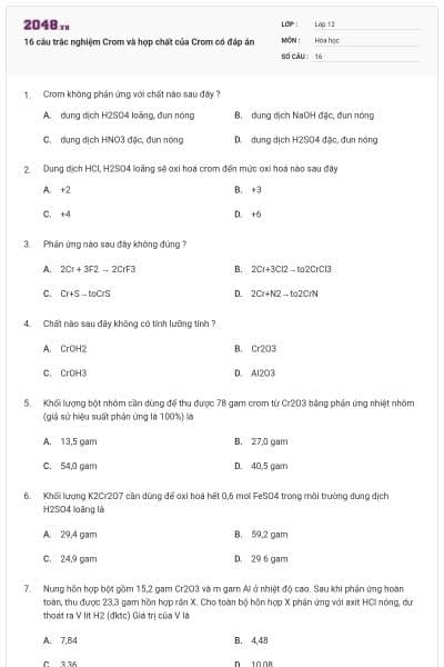 16 câu trắc nghiệm Crom và hợp chất của Crom có đáp án