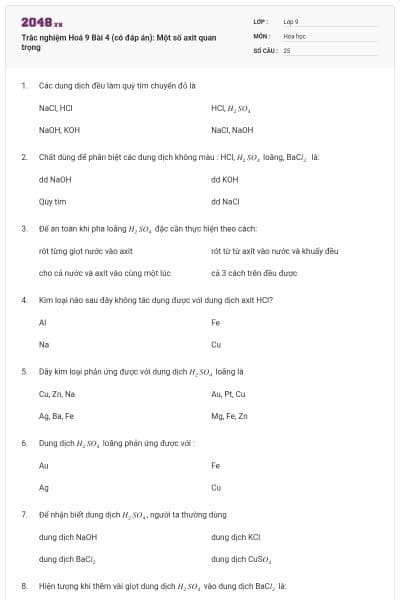 Trắc nghiệm Hoá 9 Bài 4 (có đáp án): Một số axit quan trọng