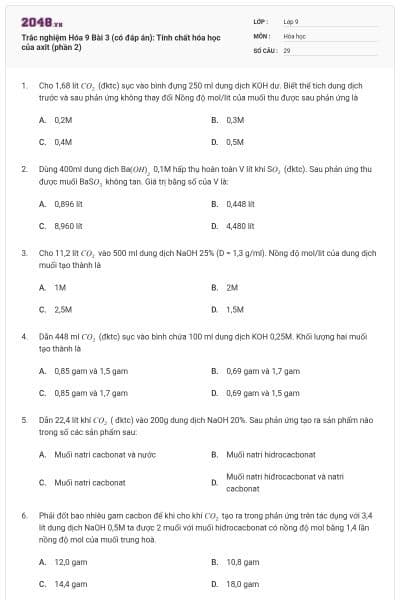Trắc nghiệm Hóa 9 Bài 3 (có đáp án): Tính chất hóa học của axit (phần 2)