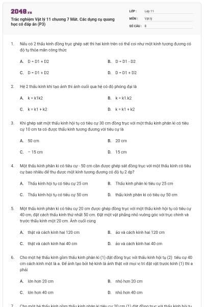 Trắc nghiệm Vật lý 11 chương 7 Mắt. Các dụng cụ quang học có đáp án (P3)