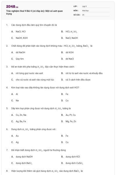 Trắc nghiệm Hoá 9 Bài 4 (có đáp án): Một số axit quan trọng