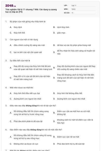 Trắc nghiệm Vật lý 11 chương 7 Mắt. Các dụng cụ quang học có đáp án (P4)