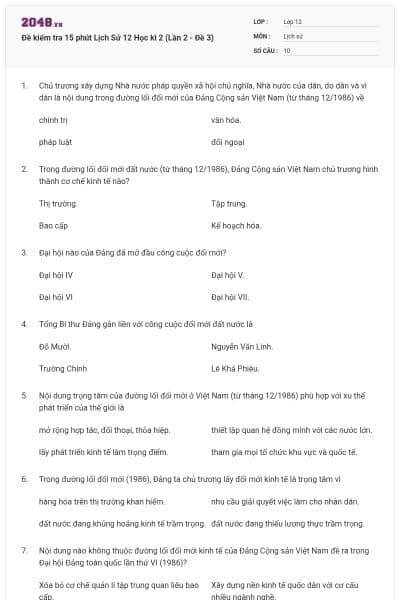 Đề kiểm tra 15 phút Lịch Sử 12 Học kì 2 (Lần 2 - Đề 3)