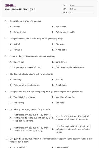 Đề thi giữa học kì 2 Sinh 12 (Đề 2)