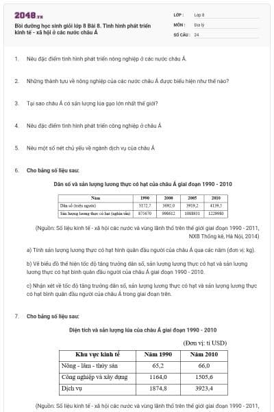 Bồi dưỡng học sinh giỏi lớp 8 Bài 8. Tình hình phát triển kinh tế - xã hội ở các nước châu Á