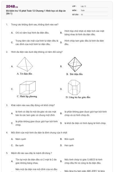 Đề kiểm tra 15 phút Toán 12 Chương 1 Hình học có đáp án (Đề 1)