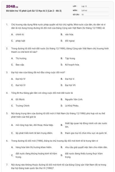 Đề kiểm tra 15 phút Lịch Sử 12 Học kì 2 (Lần 2 - Đề 3)