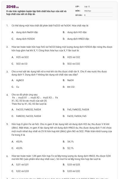 8 câu trắc nghiệm luyện tập tính chất hóa học của sắt và hợp chất của sắt có đáp án