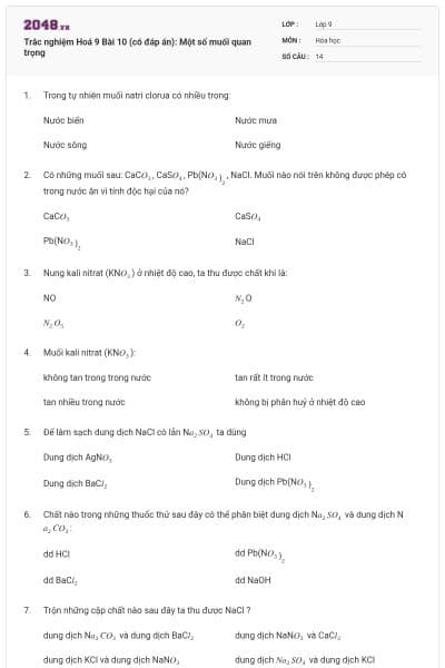 Trắc nghiệm Hoá 9 Bài 10 (có đáp án): Một số muối quan trọng