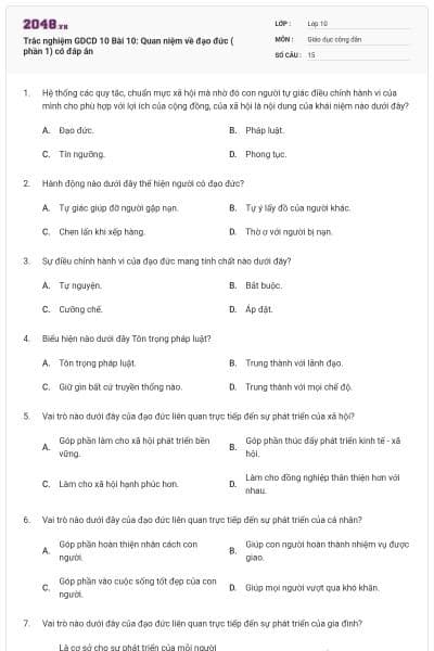 Trắc nghiệm GDCD 10 Bài 10: Quan niệm về đạo đức ( phần 1) có đáp án