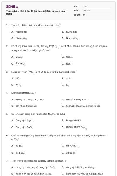 Trắc nghiệm Hoá 9 Bài 10 (có đáp án): Một số muối quan trọng