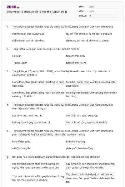 Đề kiểm tra 15 phút Lịch Sử 12 Học kì 2 (Lần 2 - Đề 4)