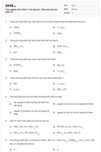 Trắc nghiệm Hóa 9 Bài 11 (có đáp án) : Phân bón hóa học (phần 2)