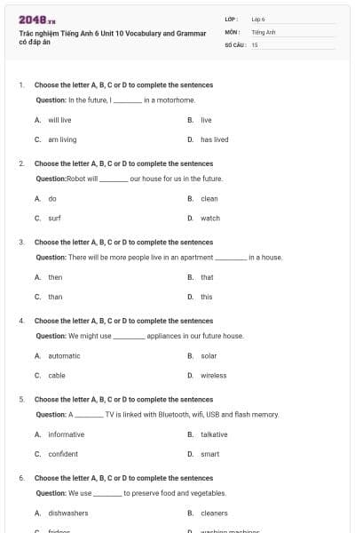 Trắc nghiệm Tiếng Anh 6 Unit 10 Vocabulary and Grammar có đáp án