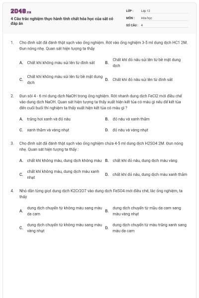 4 Câu trắc nghiệm thực hành tính chất hóa học của sắt có đáp án