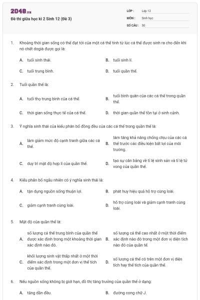 Đề thi giữa học kì 2 Sinh 12 (Đề 3)