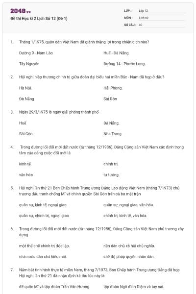 Đề thi Học kì 2 Lịch Sử 12 (Đề 1)