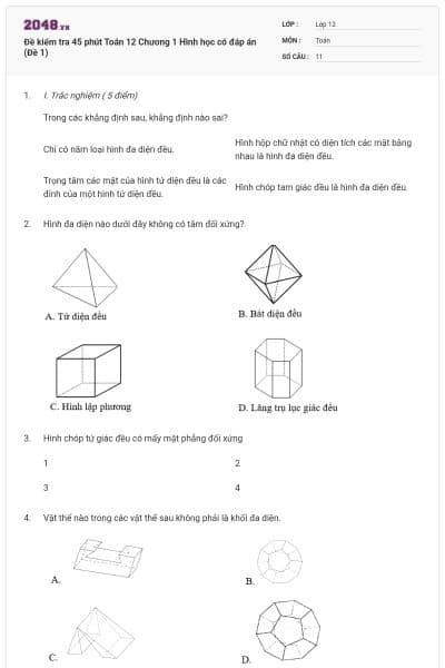 Đề kiểm tra 45 phút Toán 12 Chương 1 Hình học có đáp án (Đề 1)
