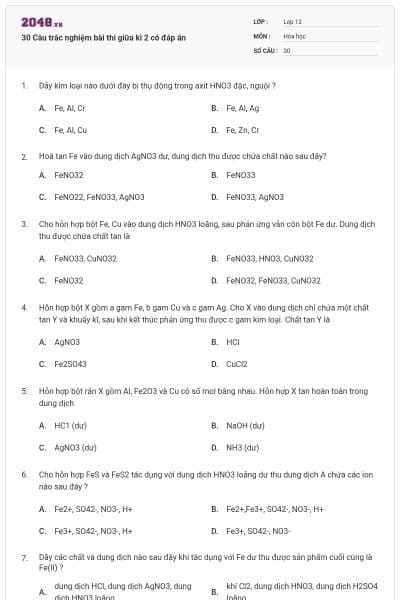 30 Câu trắc nghiệm bài thi giữa kì 2 có đáp án