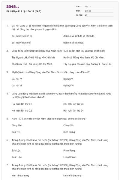 Đề thi Học kì 2 Lịch Sử 12 (Đề 2)
