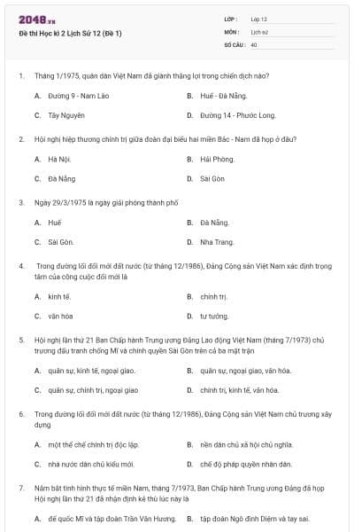 Đề thi Học kì 2 Lịch Sử 12 (Đề 1)