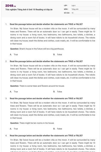 Trắc nghiệm Tiếng Anh 6 Unit 10 Reading có đáp án