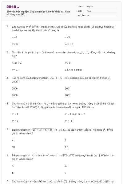 200 câu trắc nghiệm Ứng dụng đạo hàm để khảo sát hàm số nâng cao (P2)