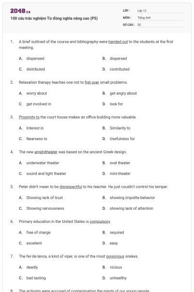 100 câu trắc nghiệm Từ đồng nghĩa nâng cao (P5)