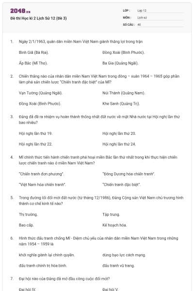 Đề thi Học kì 2 Lịch Sử 12 (Đề 3)