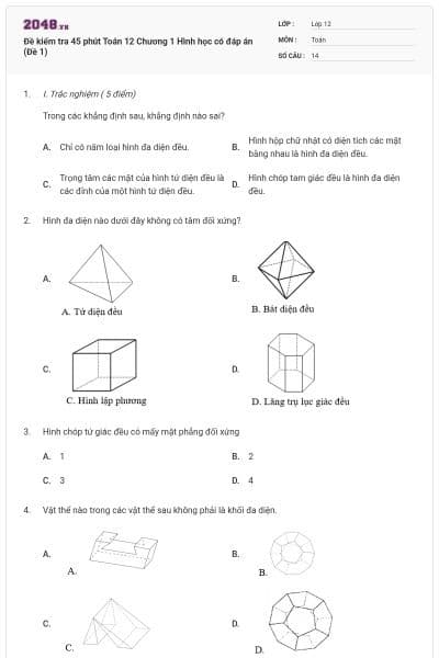 Đề kiểm tra 45 phút Toán 12 Chương 1 Hình học có đáp án (Đề 1)